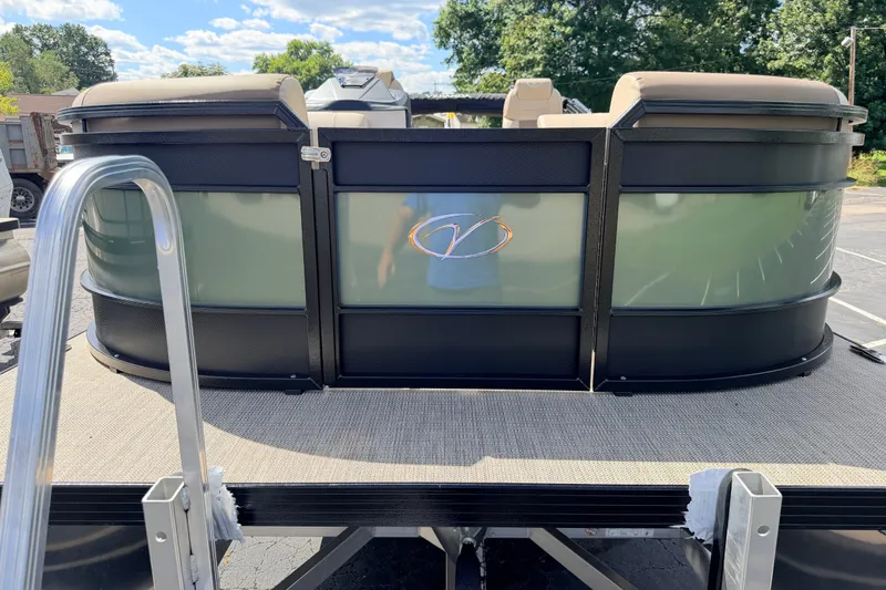 Slide: The Image of 2027 Veranda VR265VLC pontoon boat on trailer, featuring sleek design and comfortable seating. - 9