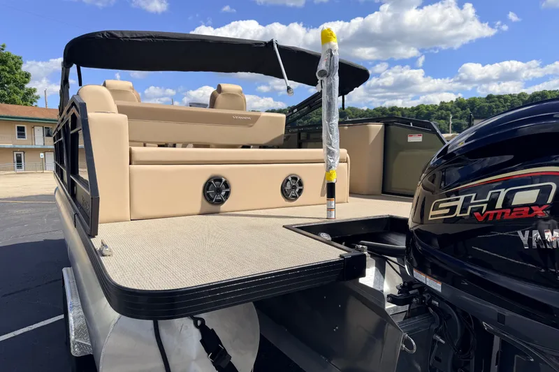 Slide: The Image of 2027 Veranda VR265VLC pontoon boat with Yamaha SHO VMAX engine, beige seating, and black canopy. - 6
