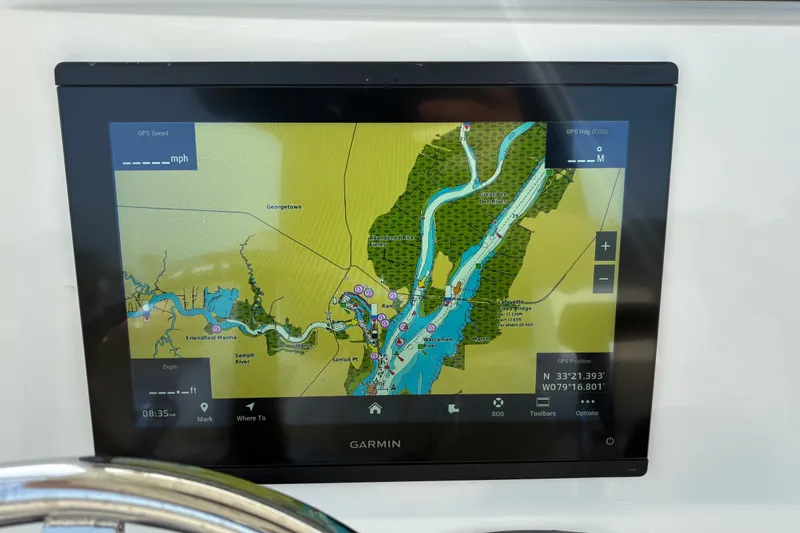 Slide: The Image of Garmin GPS display on 2027 Pioneer 220 Bay Sport boat, showing detailed navigation map. - 22