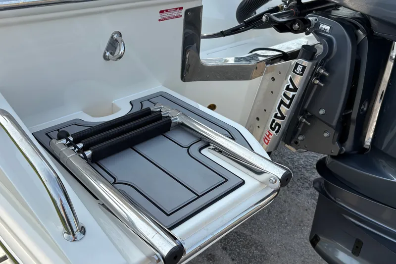 Slide: The Image of Pioneer 220 Bay Sport 2027 boat ladder and motor detail. - 7
