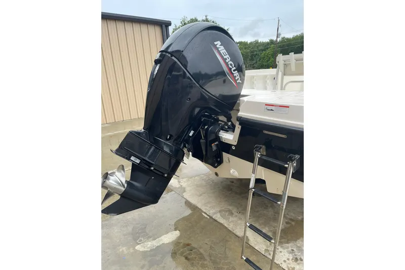 Slide: The Image of 2021 Bayliner Element F21 with Mercury outboard motor and ladder on wet concrete. - 13