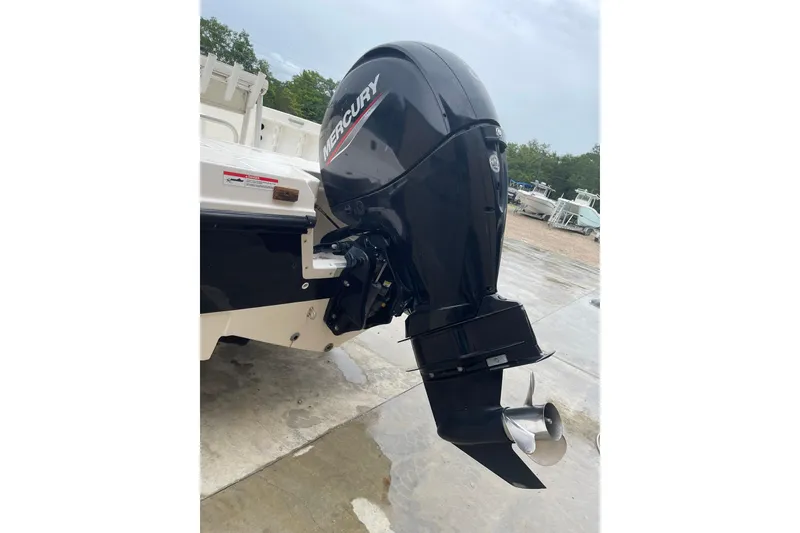Slide: The Image of 2021 Bayliner Element F21 with Mercury outboard motor on a wet dock. - 14