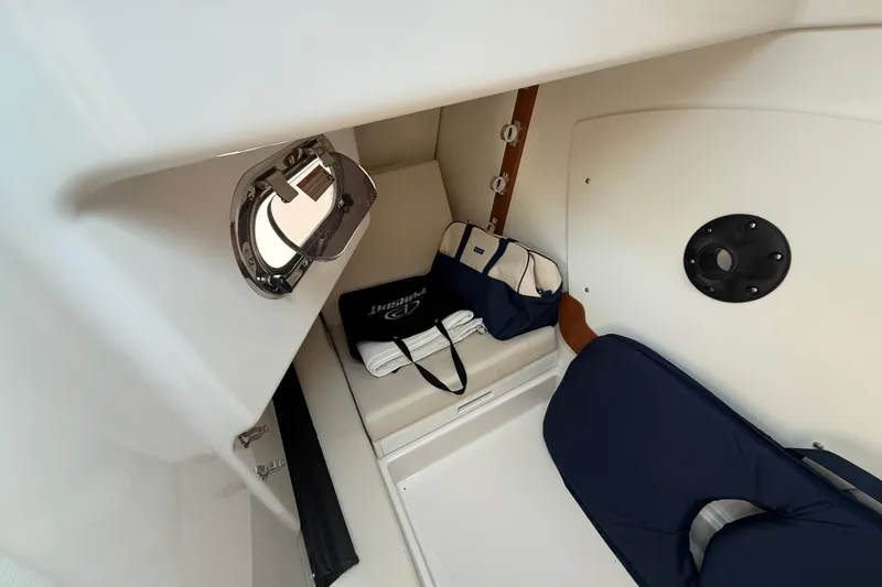 Slide: The Image of Interior cabin of 2026 Pursuit DC 326 Dual Console with storage and seating. - 14