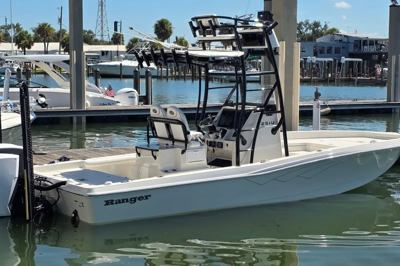 Slide: The Image of 2016 Ranger 2510 Bay Ranger boat docked in a marina under clear skies. - 2