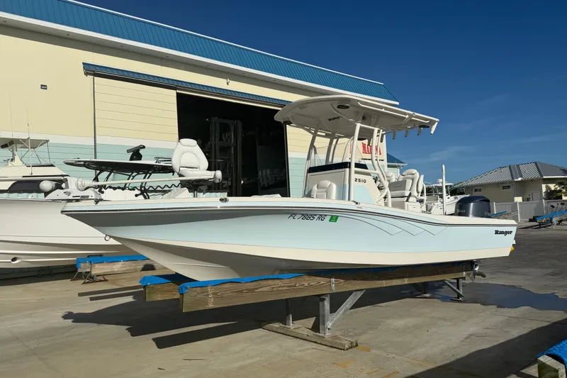 Slide: The Image of 2017 Ranger 2510 Bay Ranger boat on display outside a marina. - 2