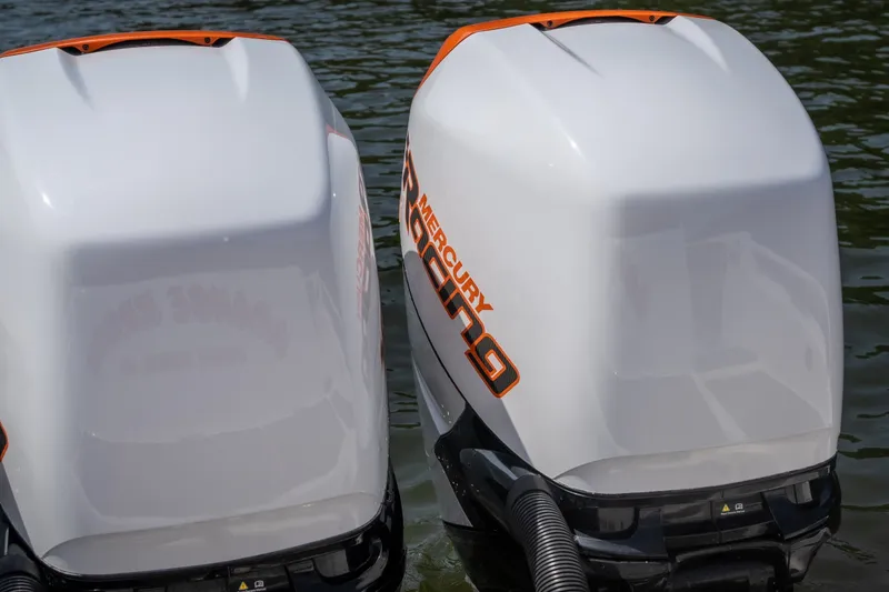 Slide: The Image of Twin Mercury Racing outboard engines on a 2007 Deep Impact 360 C boat. - 41