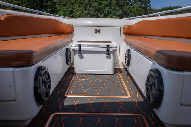 Slide: The Image of Luxurious interior of 2007 Deep Impact 360 C boat with orange seating and stylish flooring. - 26