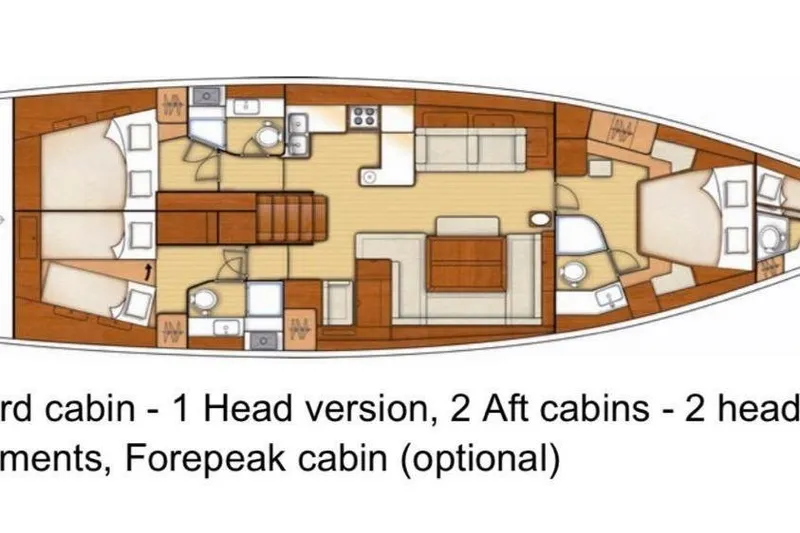Slide: The Image of Floor plan of a 2013 Beneteau Oceanis 48 yacht with cabins and amenities. - 2