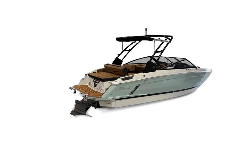 Slide: The Image of The image shows a 2026 Cobalt R4 Surf boat with sleek design and open deck. - 8