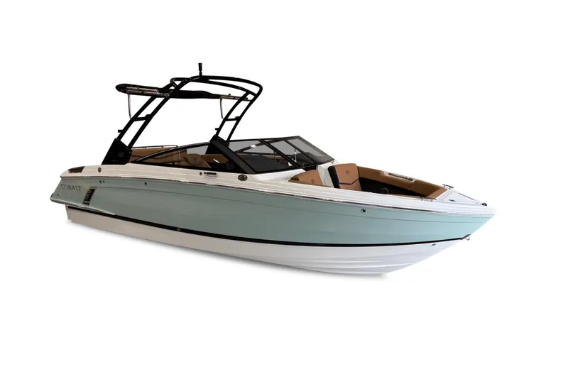 Slide: The Image of The image shows a 2026 Cobalt R4 Surf boat with a turquoise hull and black wakeboard tower. - 6