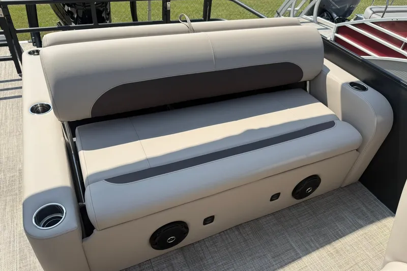 Slide: The Image of 2026 Bentley Pontoons Legacy 223 Swingback seating with cup holders and speaker system. - 11