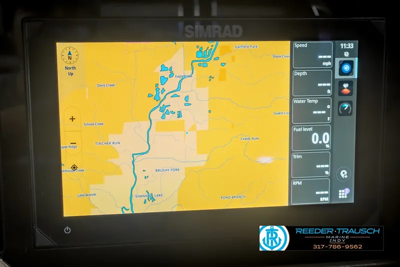 Slide: The Image of Simrad navigation display on Bennington 23 RSWBA 2027 boat, showing map and performance metrics. - 42