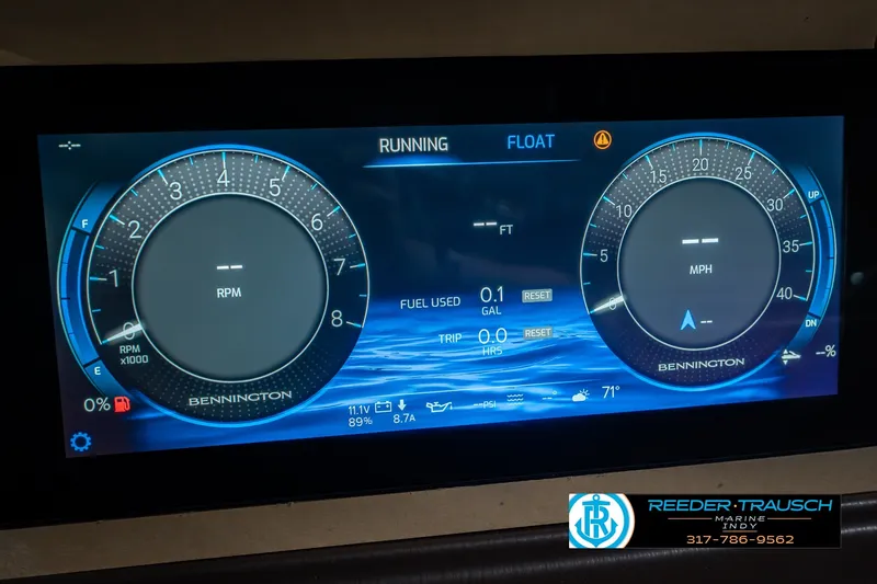 Slide: The Image of Digital dashboard of a 2027 Bennington 23 RSWBA boat displaying RPM and MPH gauges. - 41