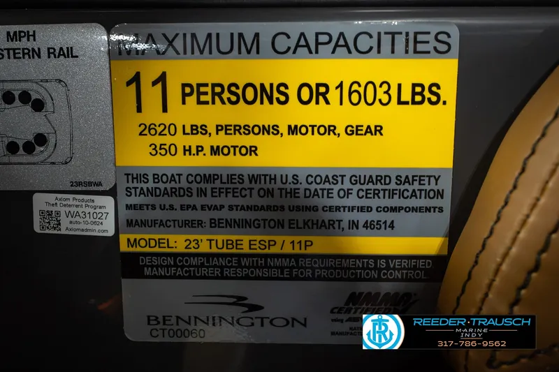 Slide: The Image of Capacity label for 2027 Bennington 23 RSWBA, 11 persons or 1603 lbs, 350 HP motor. - 62