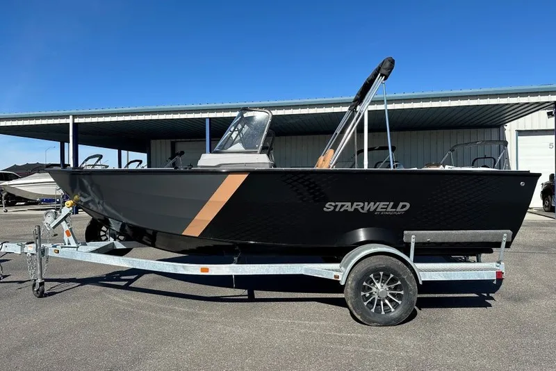 Slide: The Image of 2026 Starweld 18 SXR Sport boat on trailer, parked outdoors under clear sky. - 2