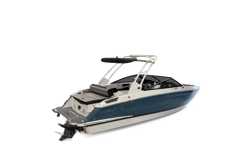Slide: The Image of The image shows a modern 2026 Cobalt R4 boat with a blue hull and sleek lines. - 5