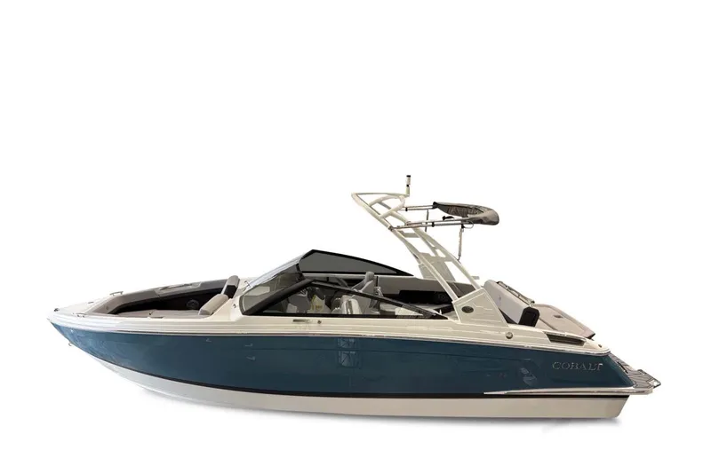 Slide: The Image of The image shows a 2026 Cobalt R4 boat with a blue hull and modern design. - 2