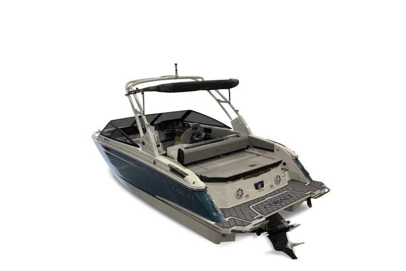 Slide: The Image of The image shows a modern 2026 Cobalt R4 boat with a blue hull and comfortable cockpit. - 4