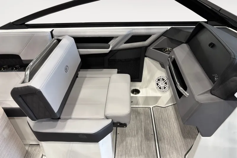 Slide: The Image of Interior of a 2026 Cobalt R4 boat with sleek gray and black seating. - 8