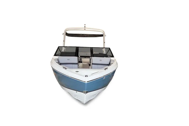 Slide: The Image of A modern 2026 Cobalt R4 boat with a blue hull and open cockpit. - 3
