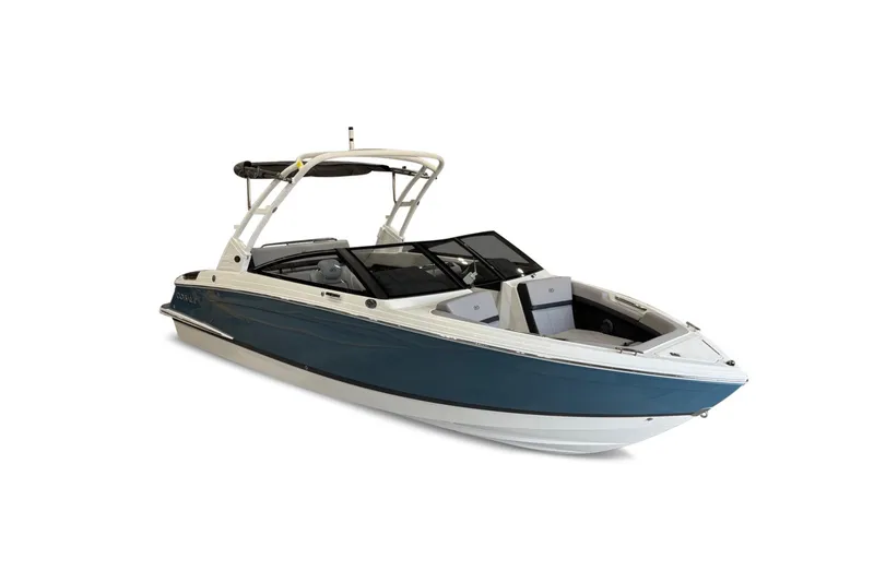 Slide: The Image of A modern 2026 Cobalt R4 boat with a blue hull and white deck. - 1