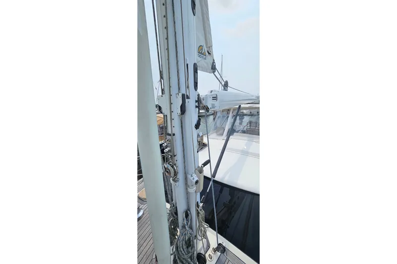 Slide: The Image of Close-up of 1999 Farr Pilothouse 50 sailboat mast and rigging details. - 26