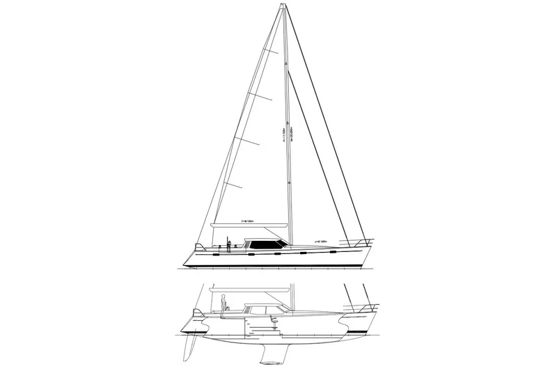 Slide: The Image of Line drawing of a 1999 Farr Pilothouse 50 sailboat, showcasing side and profile views. - 34