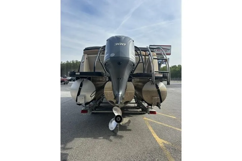 Slide: The Image of 2024 AquaPatio 235 UL pontoon boat with powerful 300 HP outboard motor. - 16