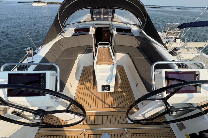 Slide: The Image of 2018 Hanse 455 yacht cockpit with dual steering wheels and teak flooring. - 8
