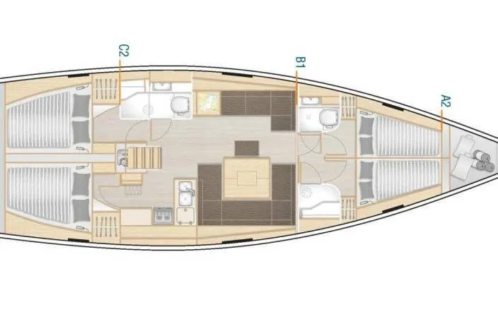 Slide: The Image of Floor plan of 2018 Hanse 455 yacht, featuring cabins, bathrooms, and a central living area. - 36