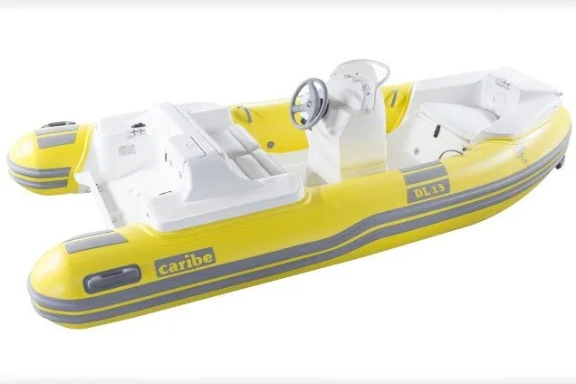 The Image of Yellow Caribe DL13 inflatable boat, 2026 model, featuring a sleek design and steering console. - 1