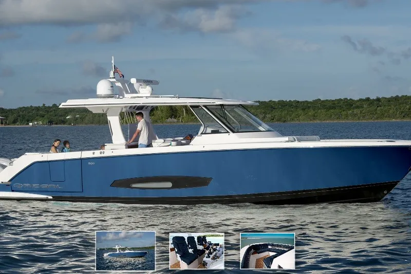 The Image of 2027 Regal 43 SAV boat cruising on a serene lake with passengers onboard. - 0
