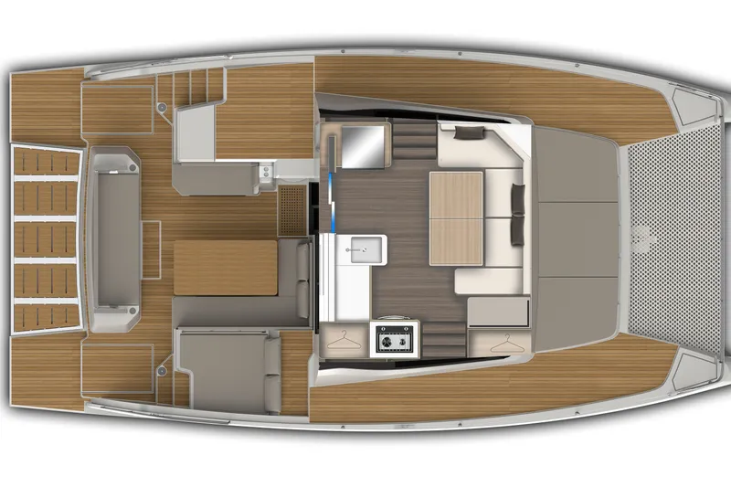Slide: The Image of Top view of 2026 Aventura 37 Explorer FLY Trawler interior layout, featuring modern design and amenities. - 37