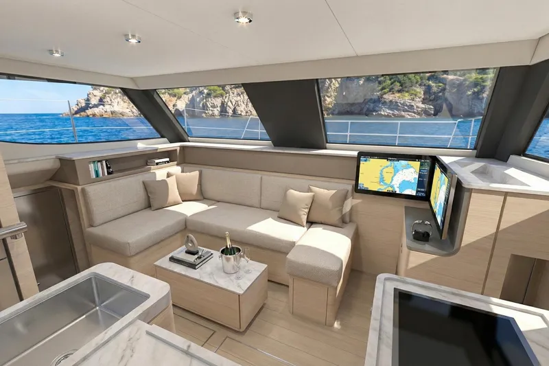 Slide: The Image of Luxurious interior of 2025 Aventura 37 Trawler with ocean view and modern amenities. - 9