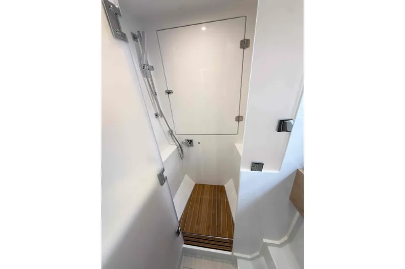 Slide: The Image of Modern shower area in 2026 Aventura 37 Explorer Trawler with wooden flooring. - 17