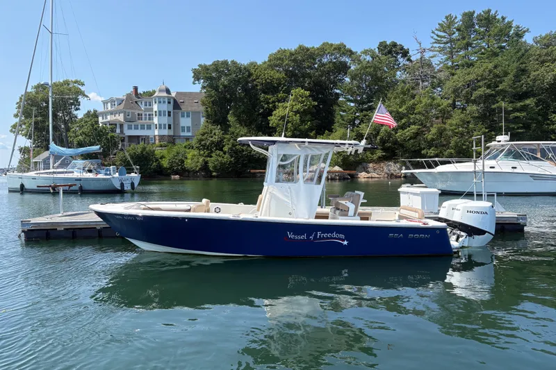 Slide: The Image of 2024 Sea Born LX24 Center Console boat docked in a scenic marina. - 2