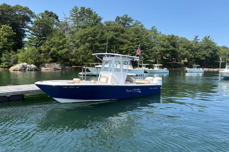 The Image of 2024 Sea Born LX24 Center Console boat docked in a scenic marina. - 0