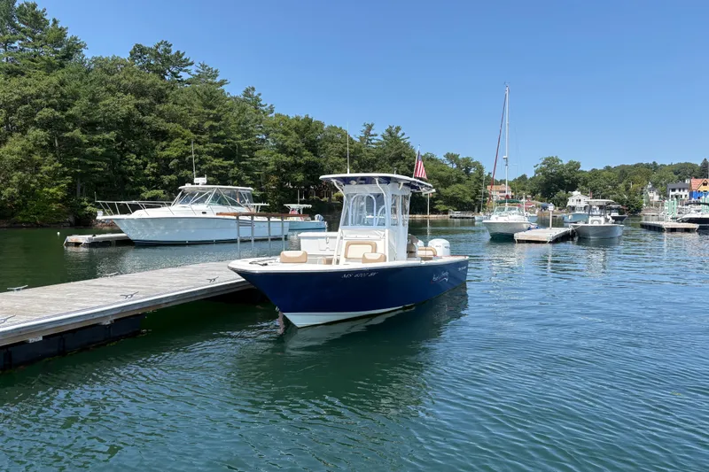 Slide: The Image of A 2024 Sea Born LX24 Center Console boat docked in a calm marina. - 1