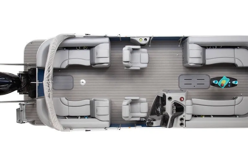 Slide: The Image of Top view of 2025 SunCatcher 324 Rc Fusion pontoon boat with spacious seating layout. - 8