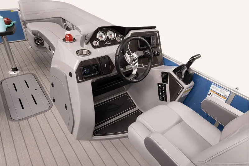 Slide: The Image of Interior of 2025 SunCatcher 324 Rc Fusion boat with modern steering console. - 9