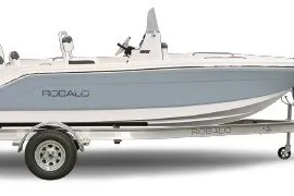 The Image of 2027 Robalo R160 Center Console boat on trailer, side view. - 1