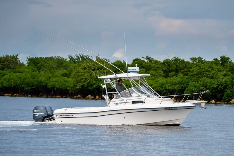 Slide: The Image of 2006 Grady-White Gulfstream 232 boat cruising on water near lush green shoreline. - 16