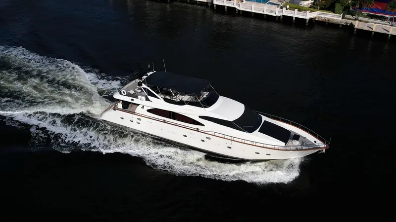 Slide: The Image of Azimut 85 Ultimate 1999 yacht cruising on a calm waterway, aerial view. - 3