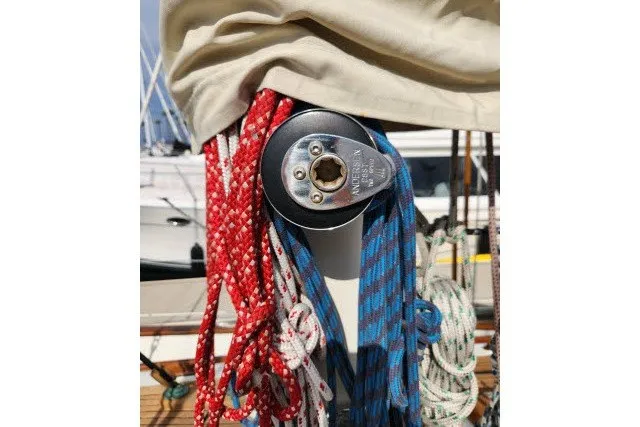 Slide: The Image of Close-up of sailboat rigging on a 1979 Hans Christian 38 Traditional. - 57
