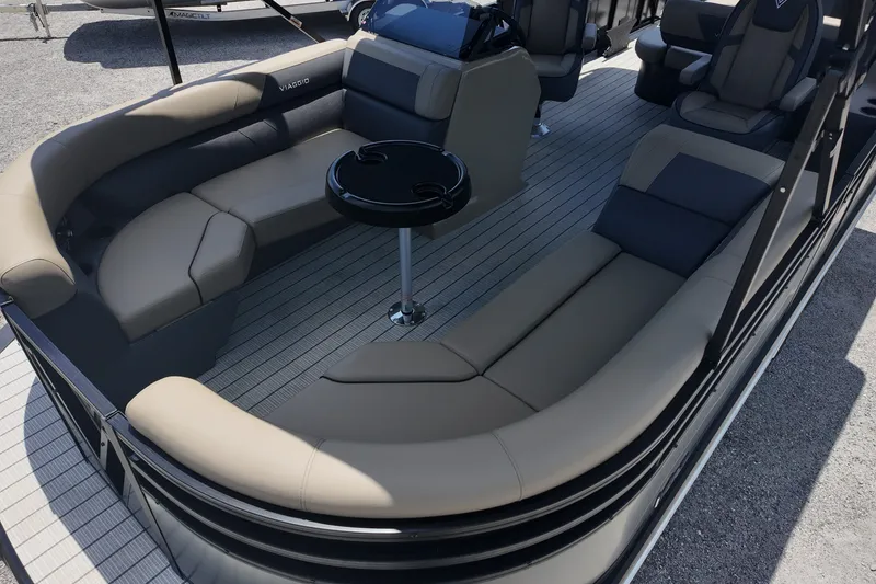 Slide: The Image of Luxurious 2027 Viaggio V22S boat interior with plush seating and sleek design. - 7