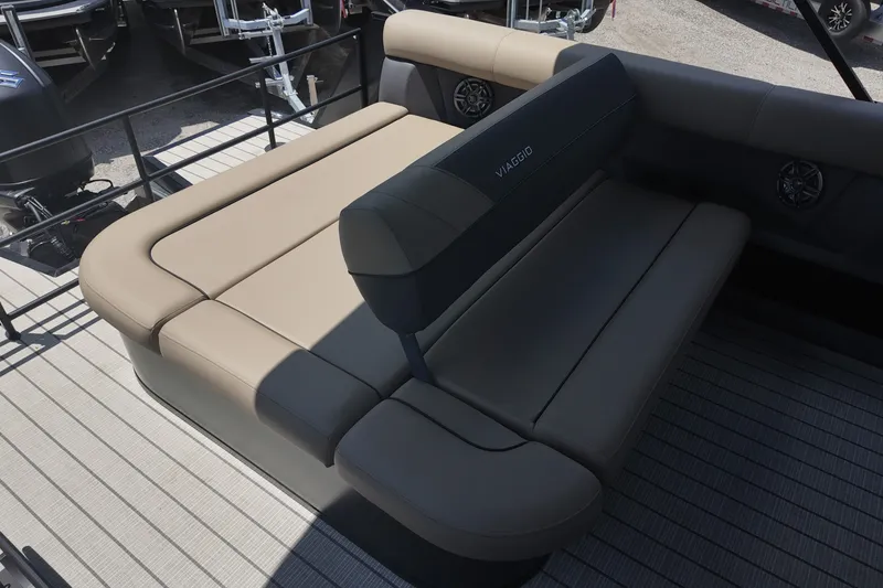 Slide: The Image of Luxurious seating on 2027 Viaggio V22S boat, featuring beige upholstery and sleek design. - 15