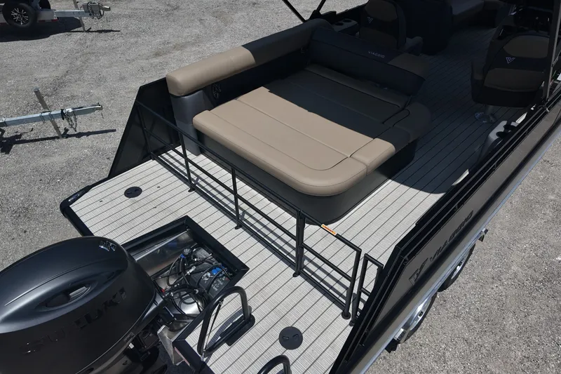 Slide: The Image of 2027 Viaggio V22S pontoon boat with spacious seating and Suzuki outboard motor. - 3