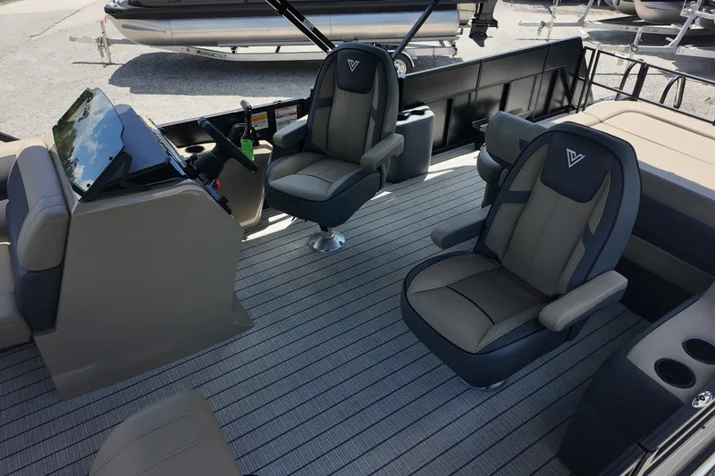 Slide: The Image of Luxurious interior of 2027 Viaggio V22S pontoon boat with plush seating and modern dashboard. - 8