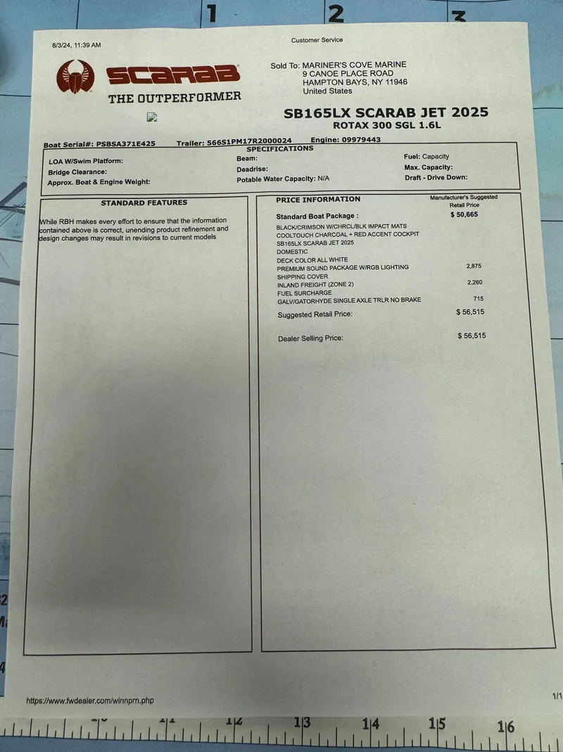 Slide: The Image of Scarab 165 ID 2025 specifications sheet with pricing and features. - 20