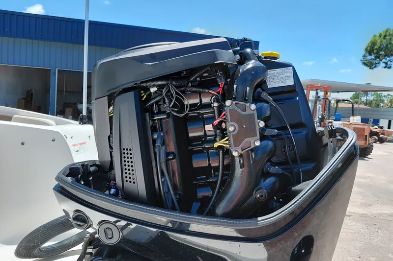 Slide: The Image of 2022 Bayliner Element E18 outboard motor close-up in a sunny outdoor setting. - 33